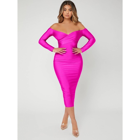 Off Shoulder long sleeve Bodycon midi Dress black - Picture 8 of 8